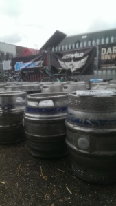 Casks lined up to mark out bike parking